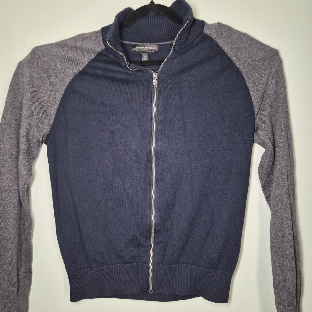 BANANA REPUBLIC Gray Heather Blue Cotton Baseball Sweater Jacket Size M